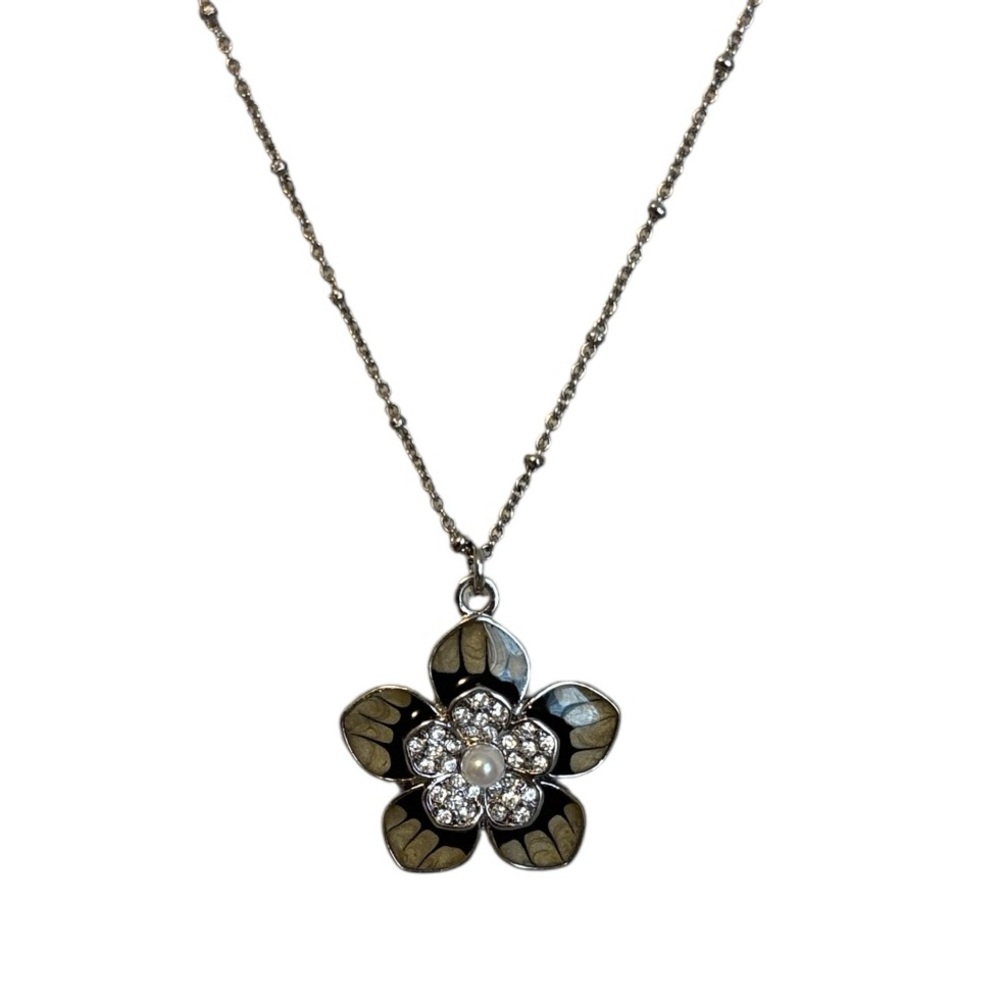 Vintage Lia Sophia Jasmine Flower Pendant Necklace Silver Tone Black Enamel - Picture 7 of 7
